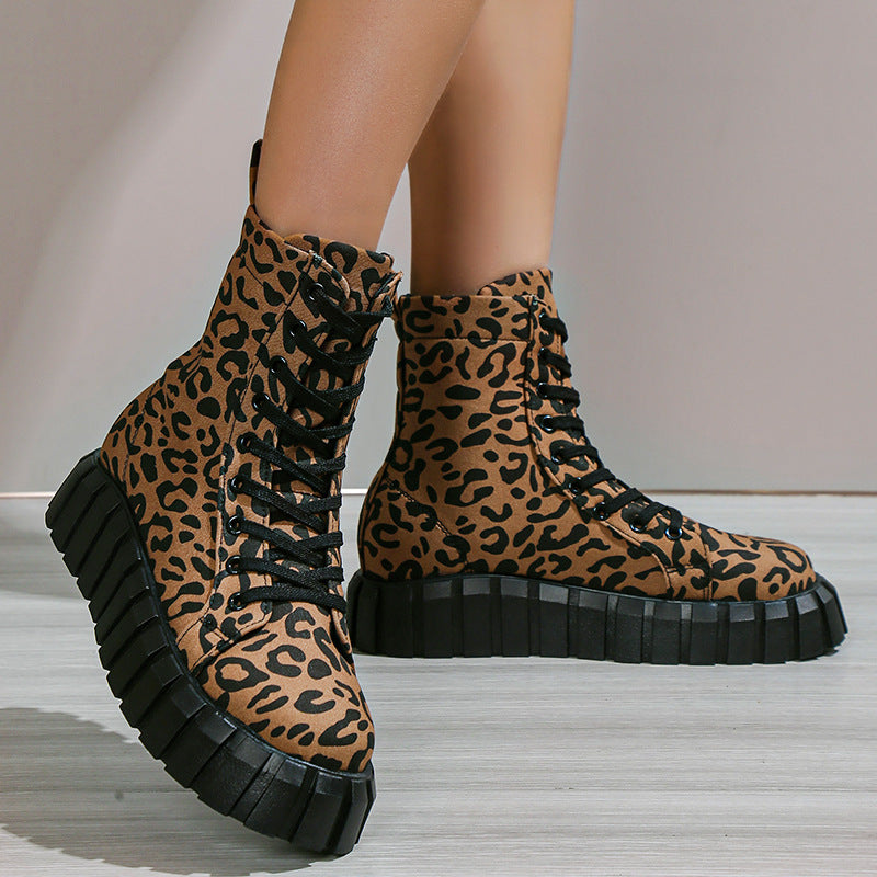 Leopard Print Platform Martin Boots for Women | Suede Mid-Heel Street Style Boots