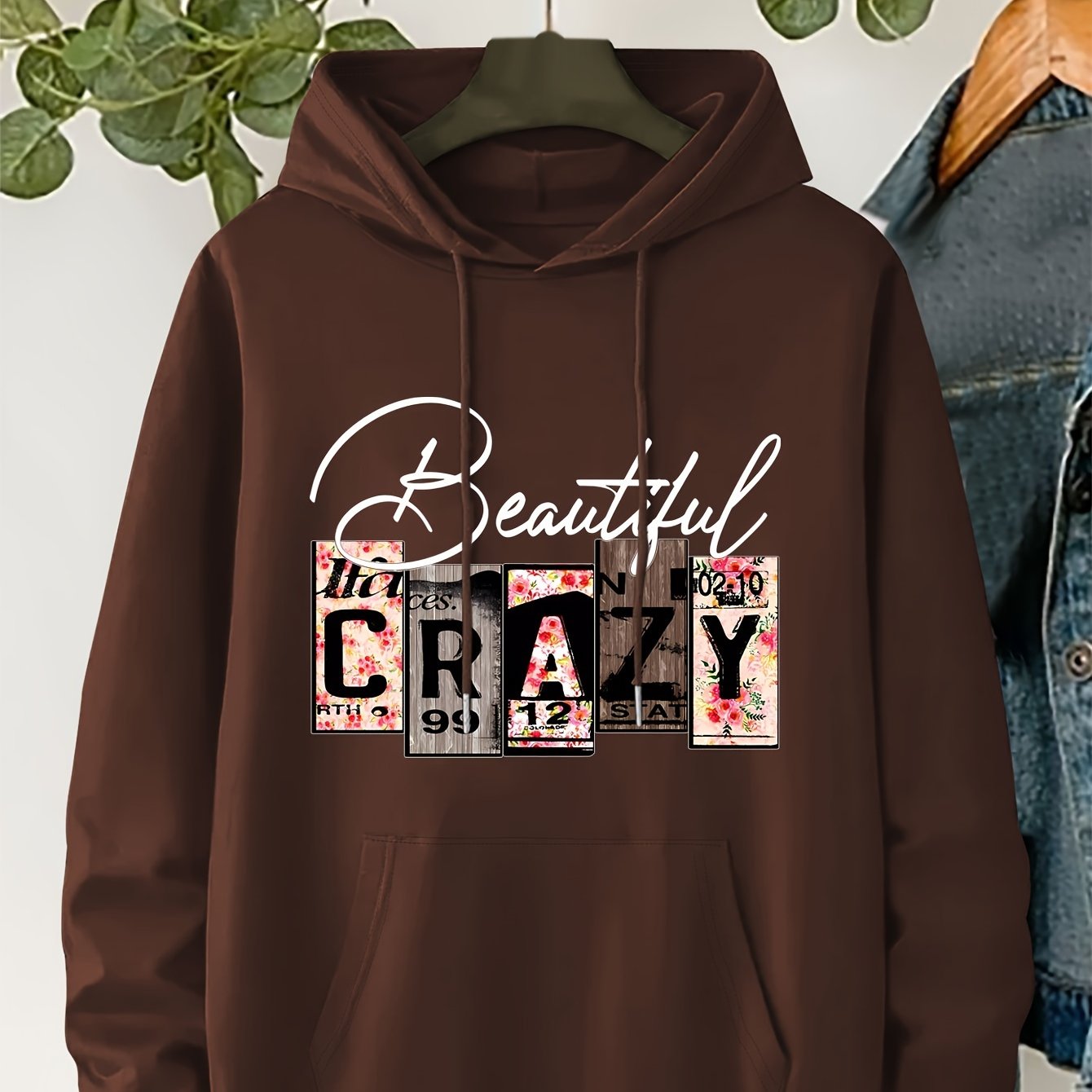 Plus Size CRAZY Print Hoodie – Women’s Casual Pullover Sweatshirt with Kangaroo Pocket for Fall/Winter