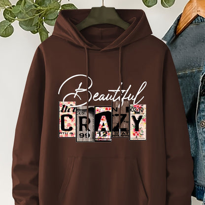 Plus Size CRAZY Print Hoodie – Women’s Casual Pullover Sweatshirt with Kangaroo Pocket for Fall/Winter