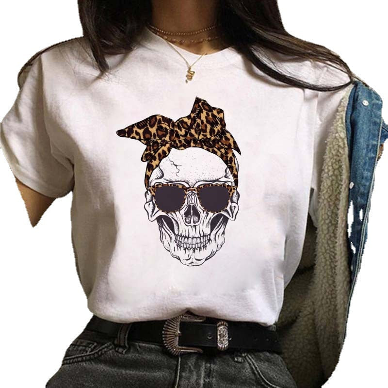 Womens Fashion Versatile Cow Skull Print T Shirt Casual Cute Short Sleeve Tee Summer Graphic Shirt Dress