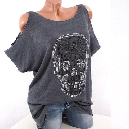 Edgy Skull Print Graphic Tee for Women – Urban Street Style Cotton T-Shirt