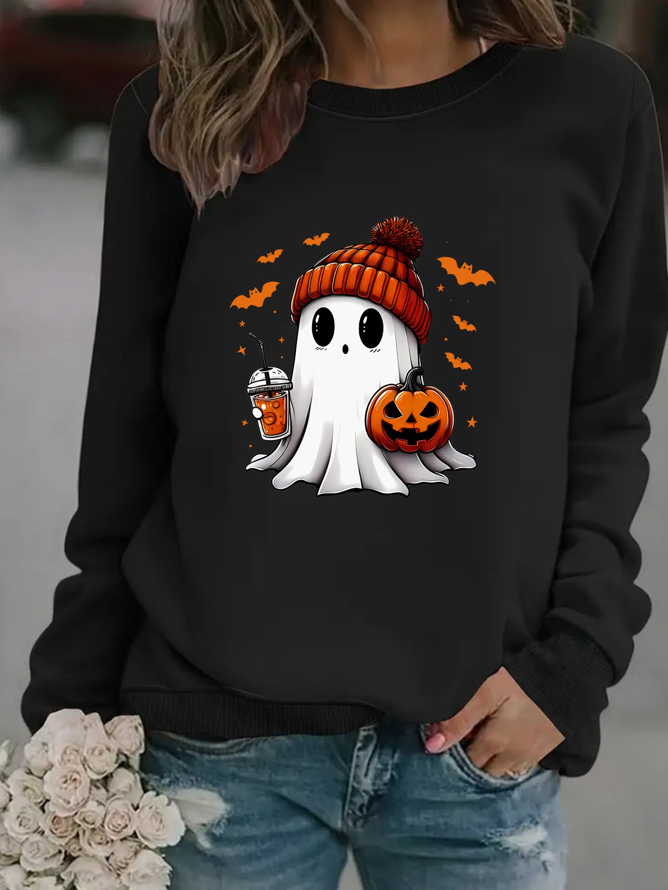Women’s Snowman Ghost Crewneck Sweater – Holiday Graphic Pullover