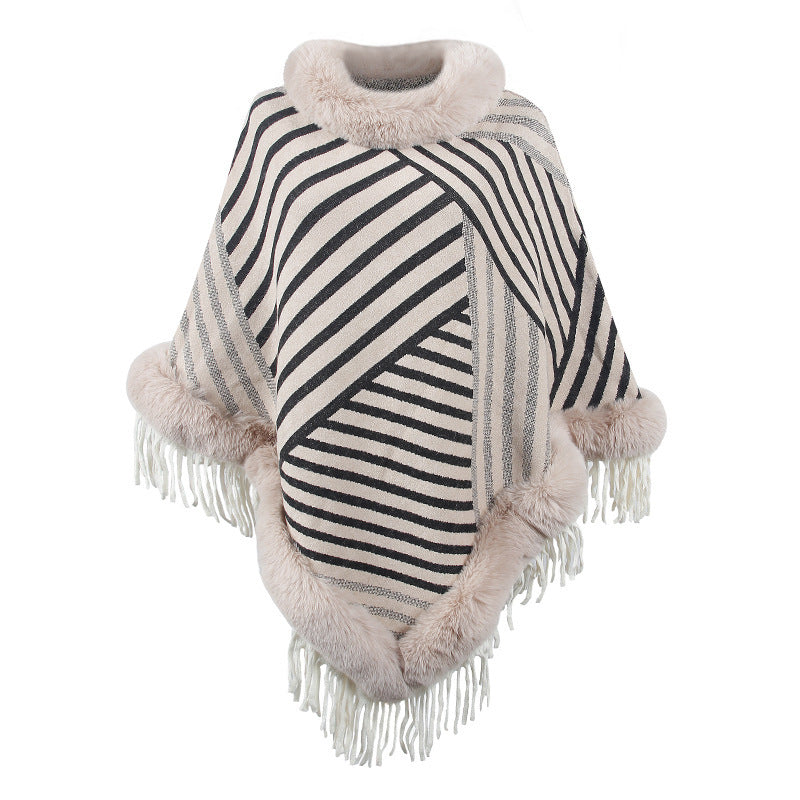 Drizzling Fur Collar Knitted Cape – Cozy Elegance in Every Stripe