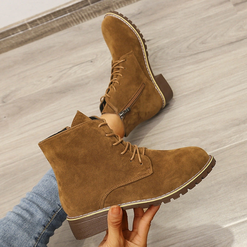 British-Style Suede Martin Boots for Women | Short Thick Heel Ankle Boots with Cotton Lining