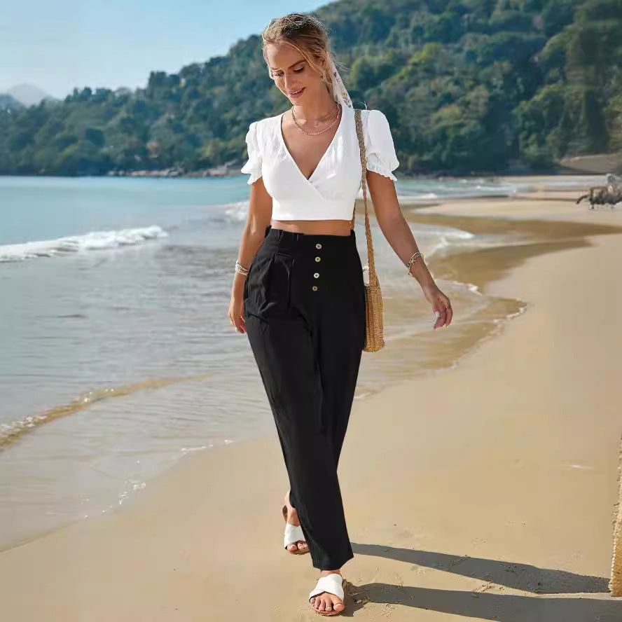 Women’s Casual High Waist Cotton-Linen Trousers – Breathable Straight-Leg Pants