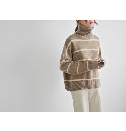 Women’s Striped Turtleneck Sweater – Thick Knit Casual Pullover