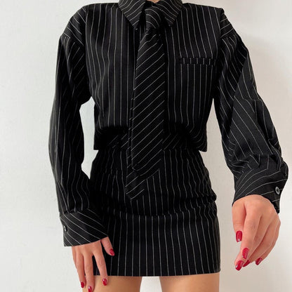 Striped Two-Piece Set for Women – Long Sleeve Tie Shirt & Mini Skirt Officewear Outfit