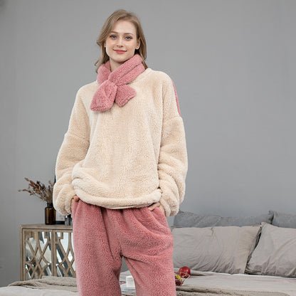 Winter Coral Fleece Pajama Set Thick Long Sleeve Top Elastic Waist Trousers Warm Large Size Sleepwear