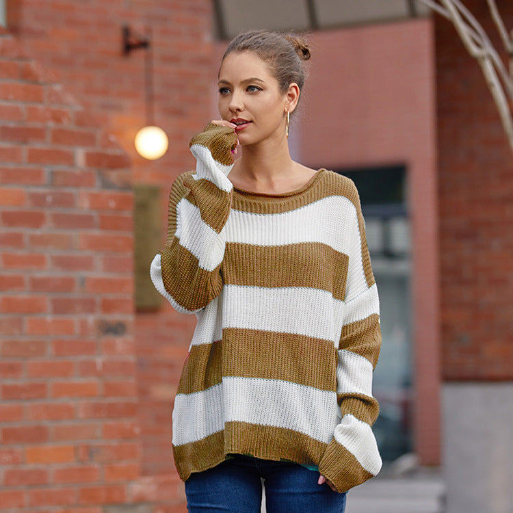Color Block O Neck Sweater Casual Autumn Winter Style