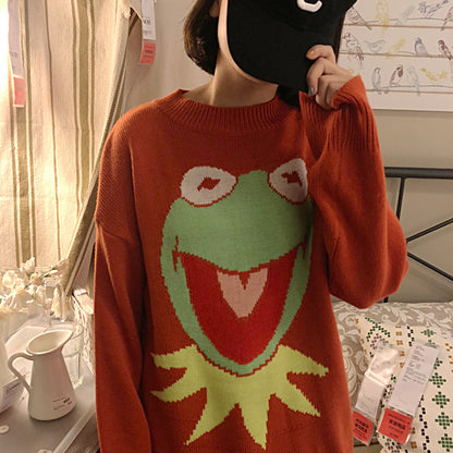 Oversized Frog Knit Crew Neck Sweater for Women – Cute Anime Pullover Aesthetic