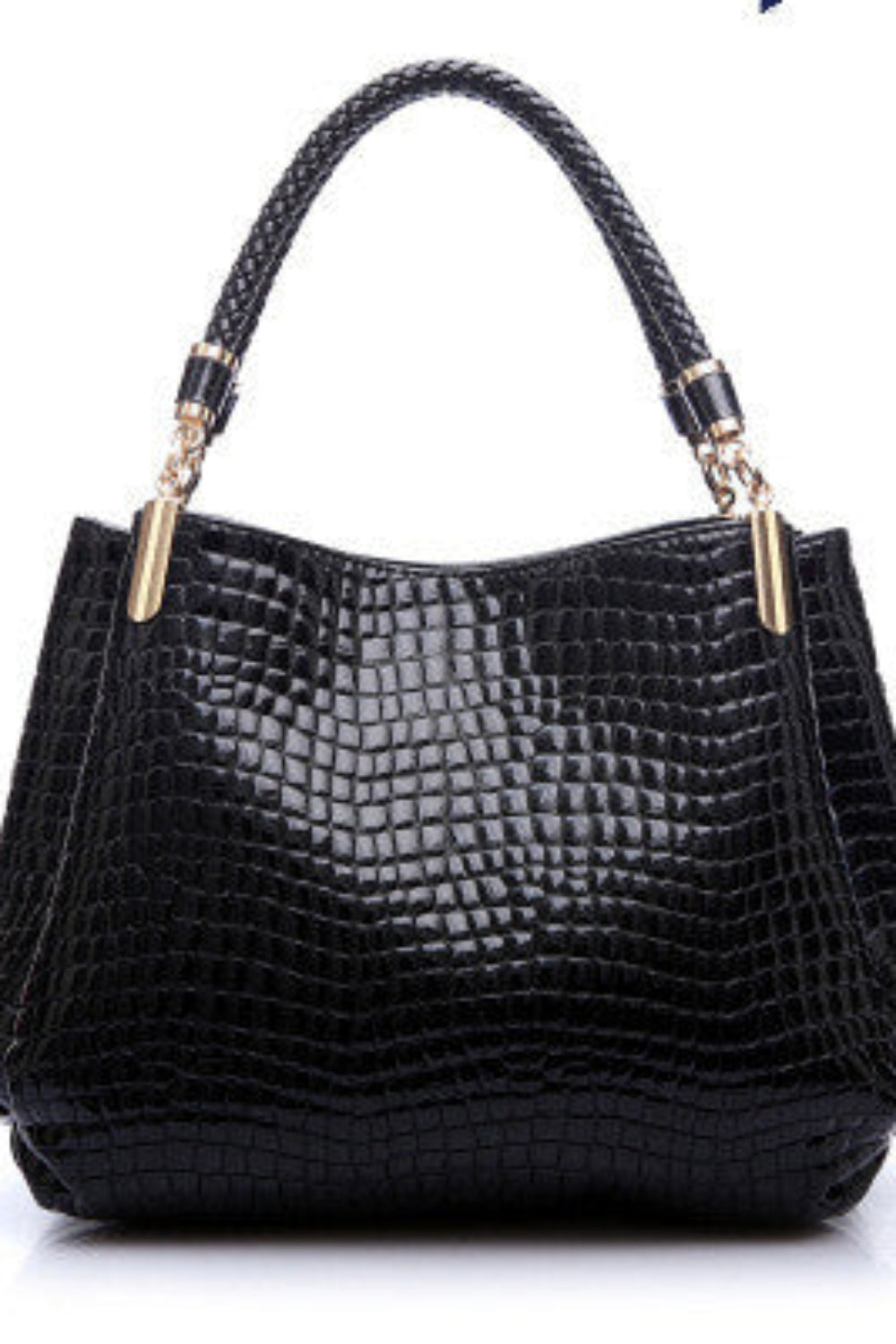 Black textured handbag with gold accents on a white background