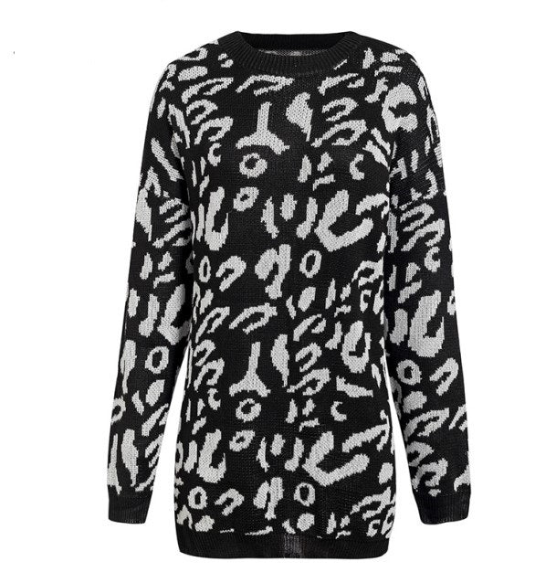 Knitted Long Sleeve Pullover Women's Loose Leopard Print Oversized Sweaters