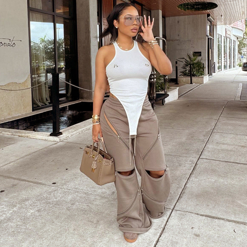 Fashionable Multi-Zipper Pocket Loose Trousers – Mid-Waist Wide-Leg Streetwear Pants