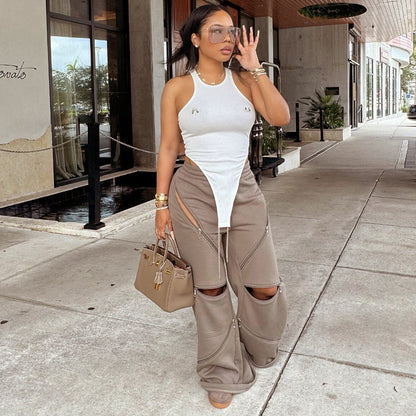 Fashionable Multi-Zipper Pocket Loose Trousers – Mid-Waist Wide-Leg Streetwear Pants