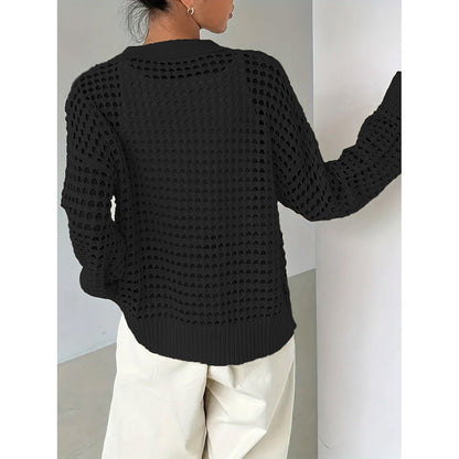 Women’s Plus Size Hollow Out Cardigan – Lightweight V-Neck Button Down Knit Coat