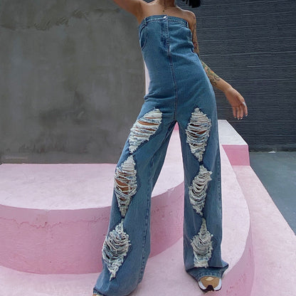 Full Ripped Style Hollow Out Strapless Backless Jean Jumpsuit
