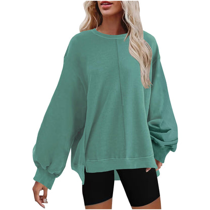 Minimal Solid Color Sweatshirts – Round Neck Raglan Sleeve Top for Women