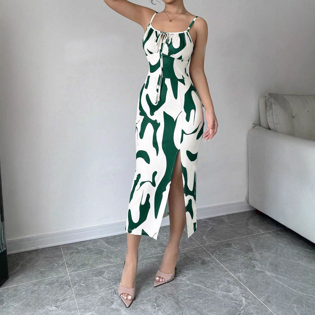 Summer Printed Suspender Split Dress | Flowy Long Dress for Vacations & Casual Outfits