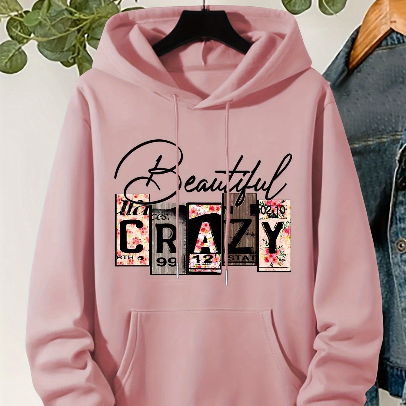 Plus Size CRAZY Print Hoodie – Women’s Casual Pullover Sweatshirt with Kangaroo Pocket for Fall/Winter