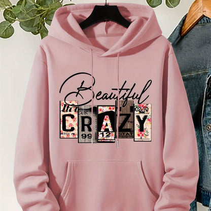 Plus Size CRAZY Print Hoodie – Women’s Casual Pullover Sweatshirt with Kangaroo Pocket for Fall/Winter