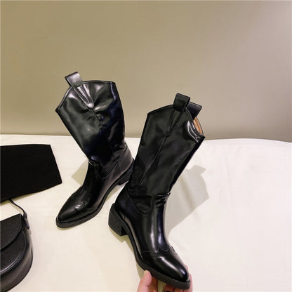 Genuine Leather Knee Boots For Women Western Cowboy Style For Winter
