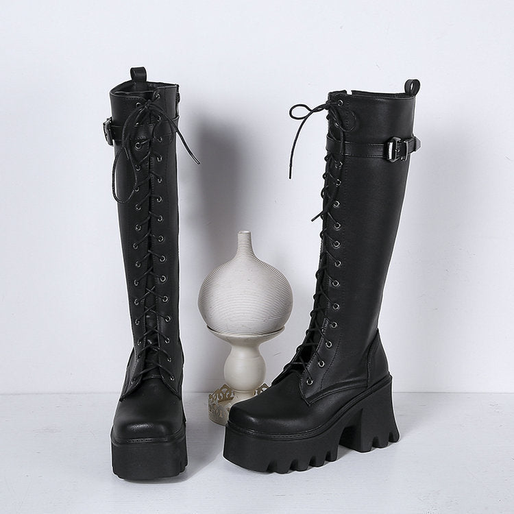 British-Style High PU Leather Knight Boots for Women | Square Toe High Heel Winter Boots