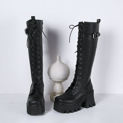 British-Style High PU Leather Knight Boots for Women | Square Toe High Heel Winter Boots