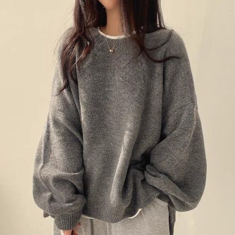 Elegant Lantern Sleeve Crew Neck Loose Pullover Sweater