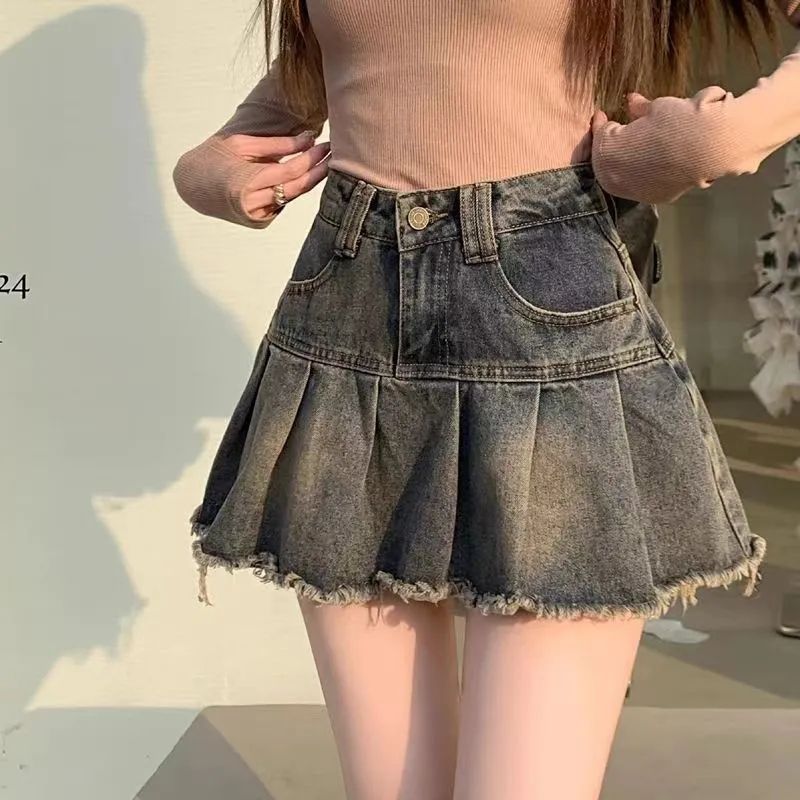Retro Pleated Denim Skirt for Women