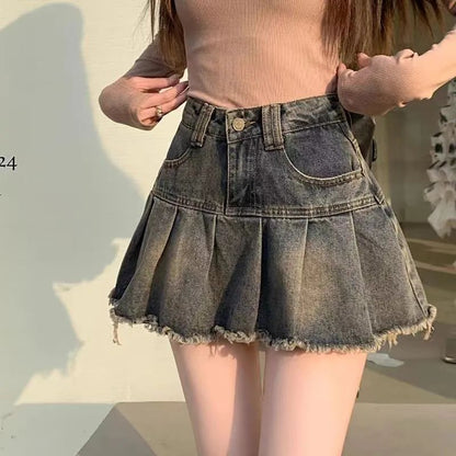 Retro Pleated Denim Skirt for Women