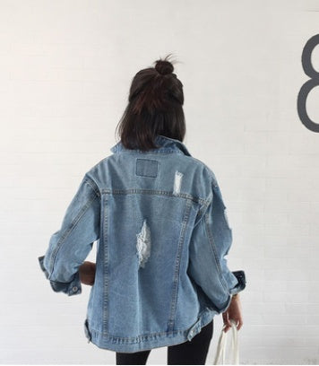 Women Frayed Ripped Denim Jacket