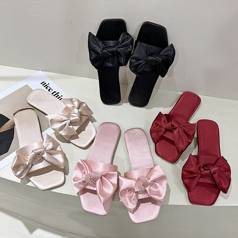 Womens Elegant Silk Bow Summer Slippers