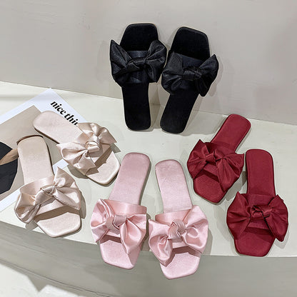 Womens Elegant Silk Bow Summer Slippers