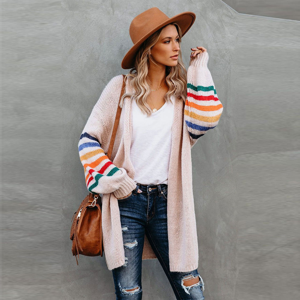 Rainbow Striped Cardigan Sweater for Women – Colorful Polyester Pullover, Cute Casual & Winter Outfit