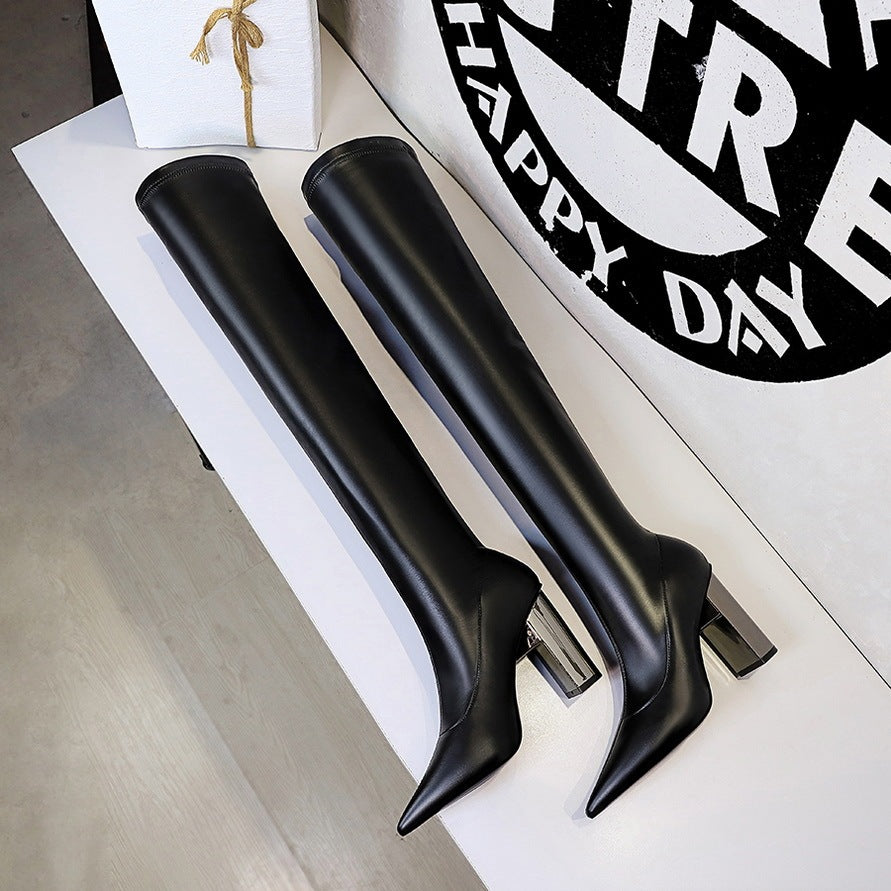 Womens Pointed Toe Knee High Boots Square Heels Retro Sewing Design For Winter 2025