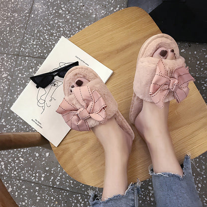 Furry Suede Women’s Slippers with Ribbon – Cozy Indoor Elegant Footwear