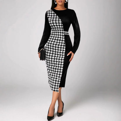 Houndstooth Print Cross-Hem Neck Dress | Elegant Midi Dress for Women