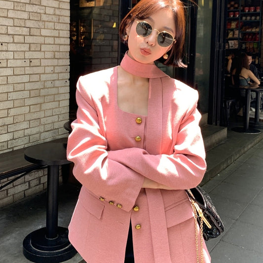 Korean Style Suit Jacket for Women – Pink Belted Blazer | Elegant Commute Coats 2025