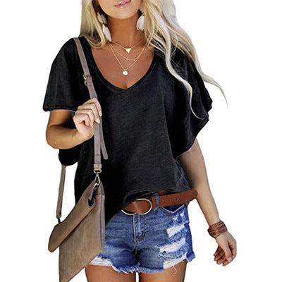Summer V Neck Stitching Pullover T Shirt Loose Casual Solid Color Short Sleeved Top For Women Trendy Summer Style