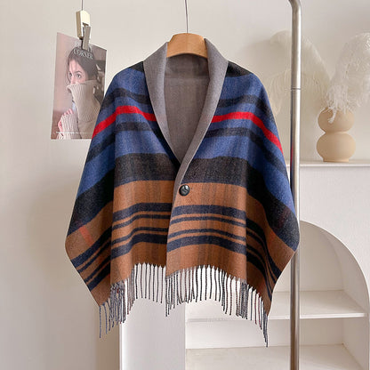 Double-Sided Wool Cloak – Tassel Shawl with Color Grid for Winter