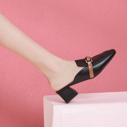 Square Toe Thick Heel Comfortable Slippers For Women