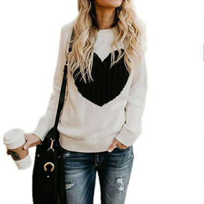 Women's Autumn & Winter Heart Pattern Pullover – Casual O-Neck Loose Knit Sweater