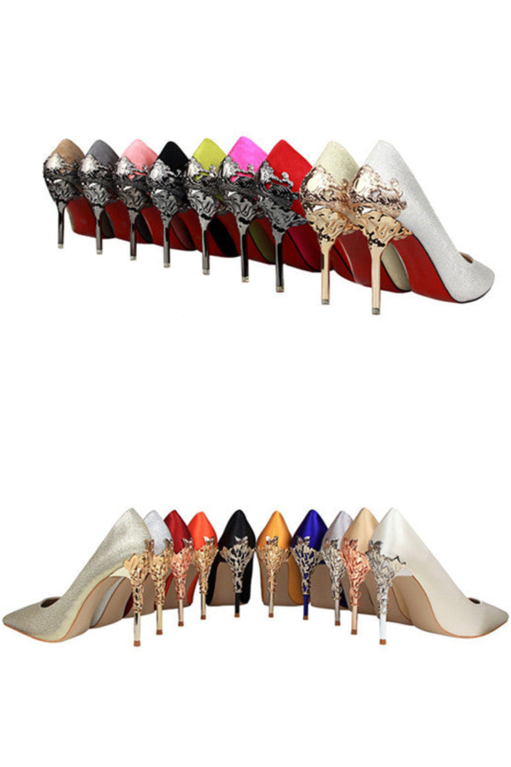 Row of high-heeled shoes with decorative embellishments on a white background