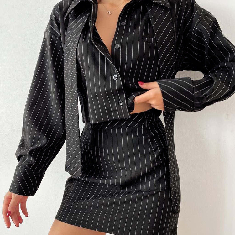 Striped Two-Piece Set for Women – Long Sleeve Tie Shirt & Mini Skirt Officewear Outfit