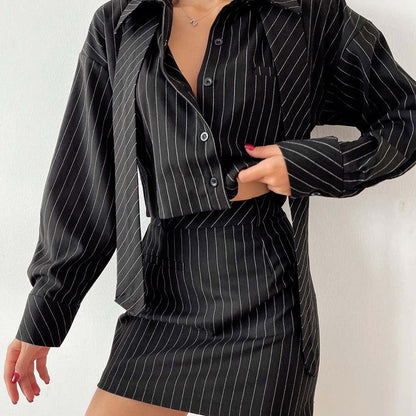 Striped Two-Piece Set for Women – Long Sleeve Tie Shirt & Mini Skirt Officewear Outfit