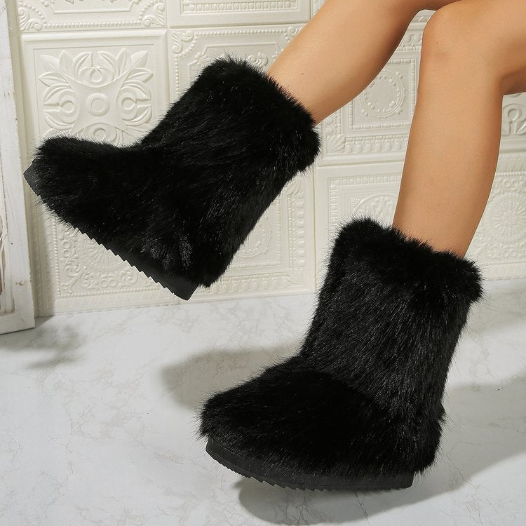 Mid-Tube Furry Cotton Snow Boots for Women | Warm PU Winter Boots Outfit
