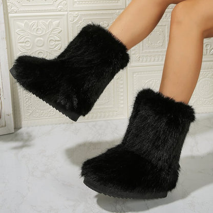 Mid-Tube Furry Cotton Snow Boots for Women | Warm PU Winter Boots Outfit