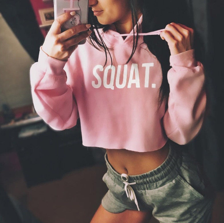 Squat Print Crop Hoodie – Urban Energy with Harajuku Vibes