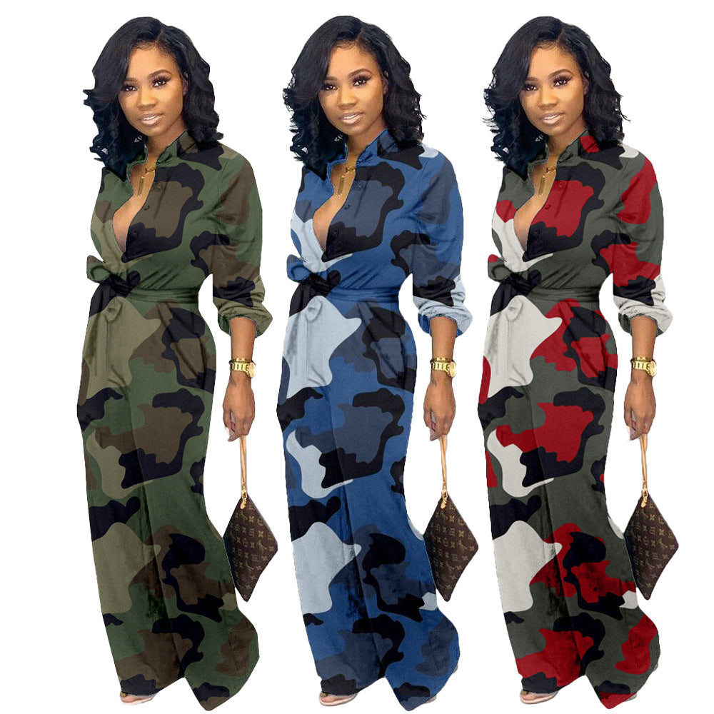 Womens Camouflage Long Sleeve Wide Leg Autumn Jumpsuit Rompers