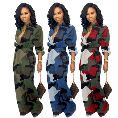 Womens Camouflage Long Sleeve Wide Leg Autumn Jumpsuit Rompers